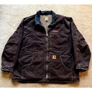Vintage Carhartt Jacket Size 2XL Sherpa Lined Brown Duck Canvas Work C61 DKB